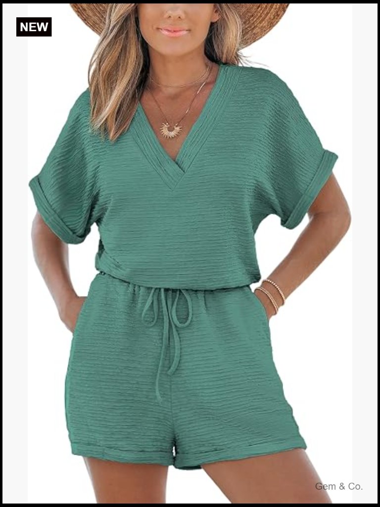 Women's Knit Romper V Neck Short Sleeve Drawstring Waist Straight Leg